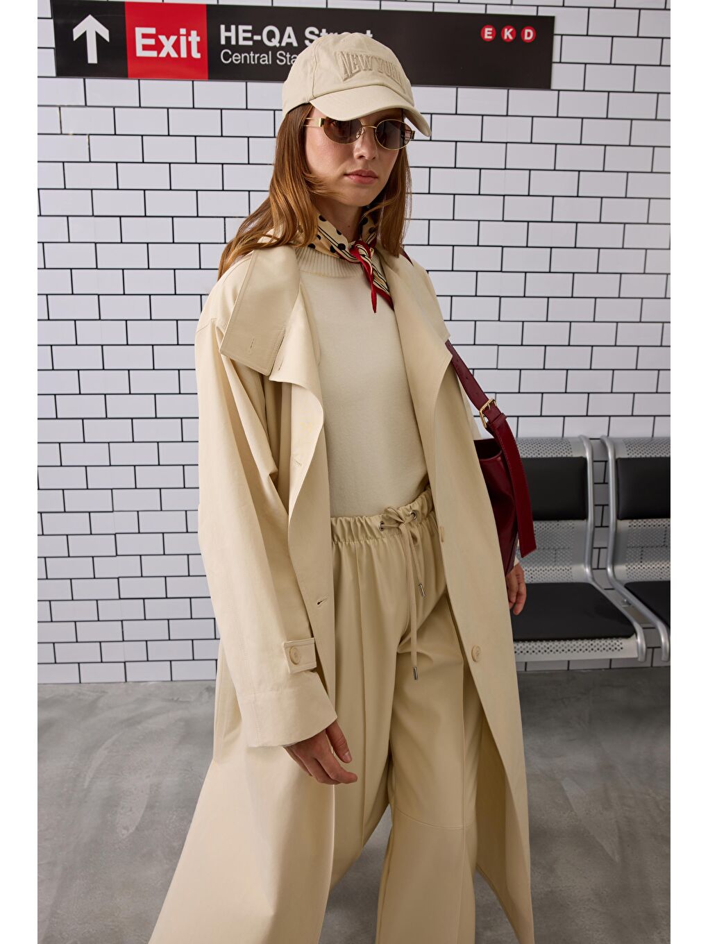 Bej Funnel Neck Uzun Trençkot Krem-3