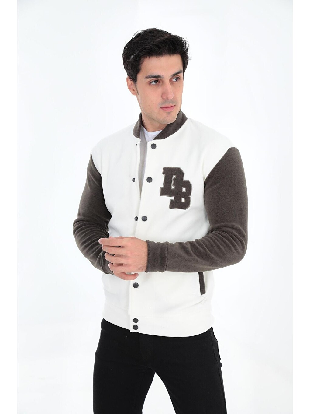 Beyaz Bomber Yaka Fit Polar Kolej Ceket-3