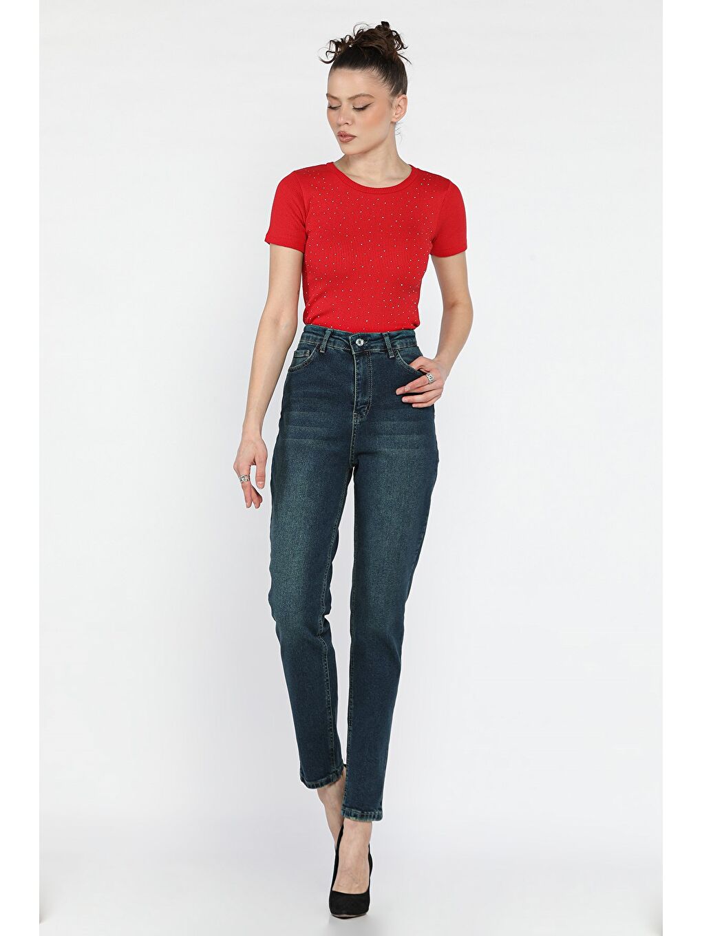 Lacivert Kadın Büyük Beden Elastanlı Mom Jean Pantolon-1