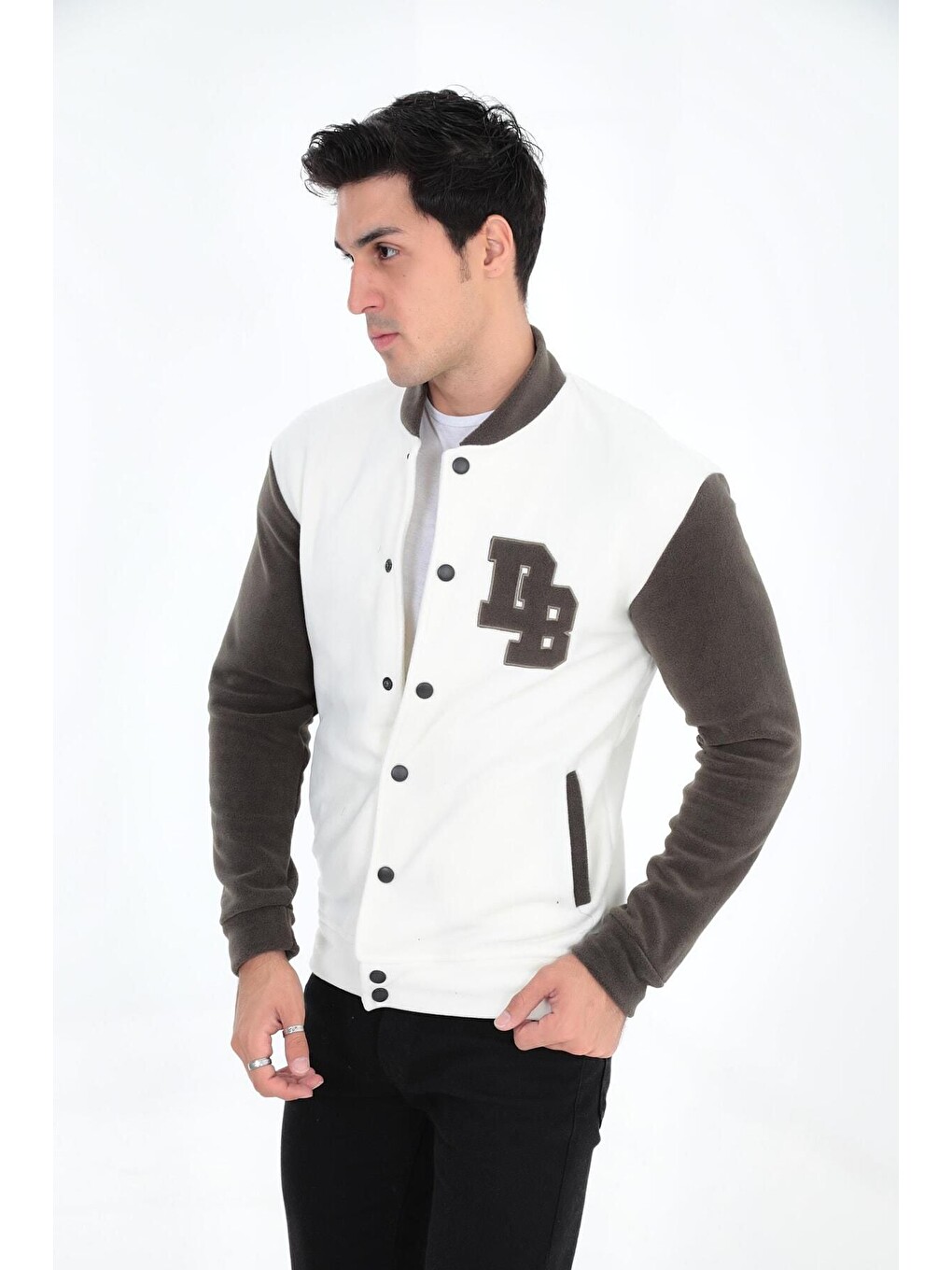 Beyaz Bomber Yaka Fit Polar Kolej Ceket-4