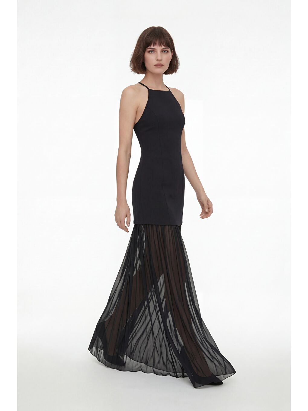 Kadın Siyah Halter Yaka Uzun Mezuniyet Elbisesi-1