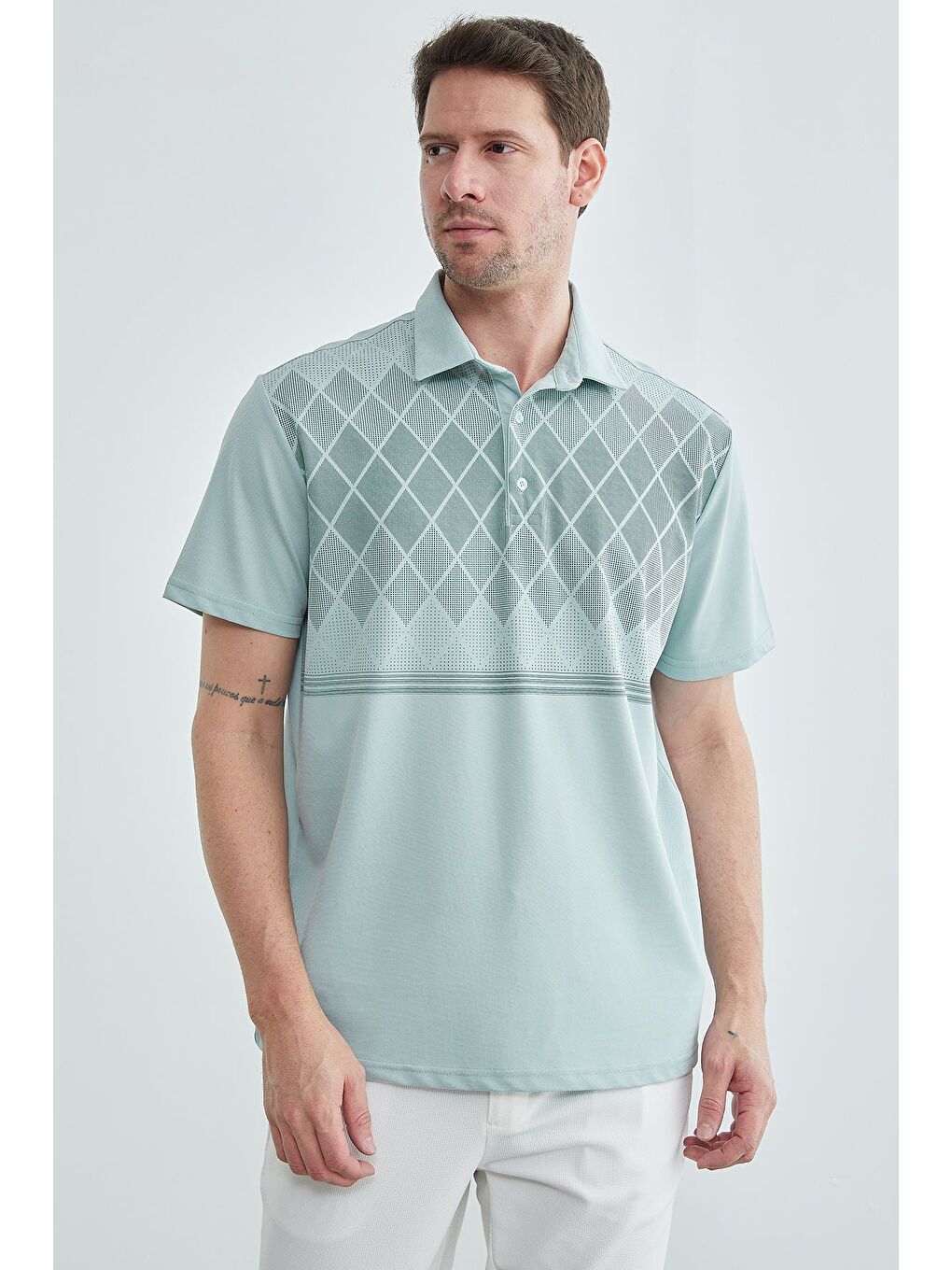 Yeşil Baklava Desenli Polo Yaka Tişört-4