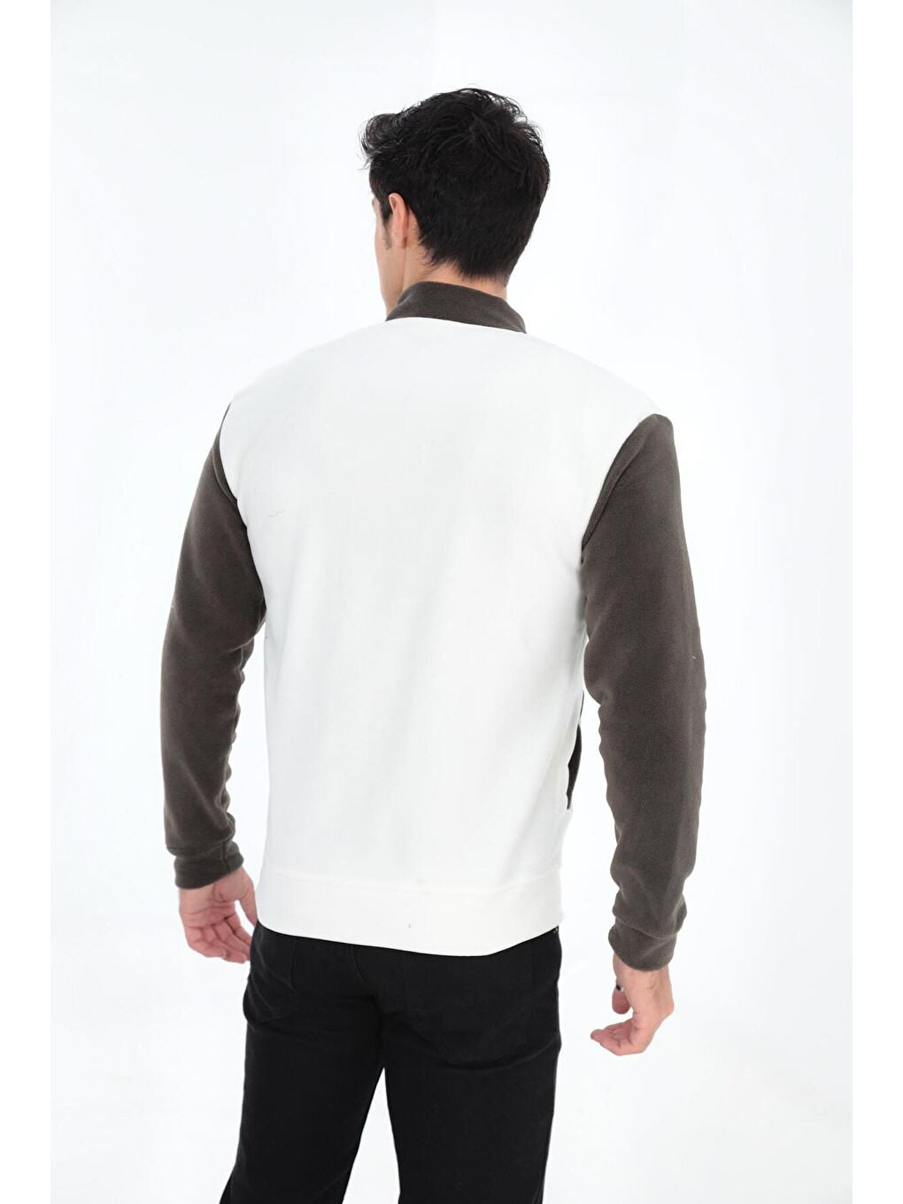 Beyaz Bomber Yaka Fit Polar Kolej Ceket-5
