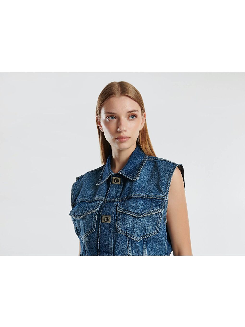 United Colors Of Benetton Kadın Mavi %100 Pamuk Göğüs Cepli Gömlek Yaka Kısa Denim Yelek - 2