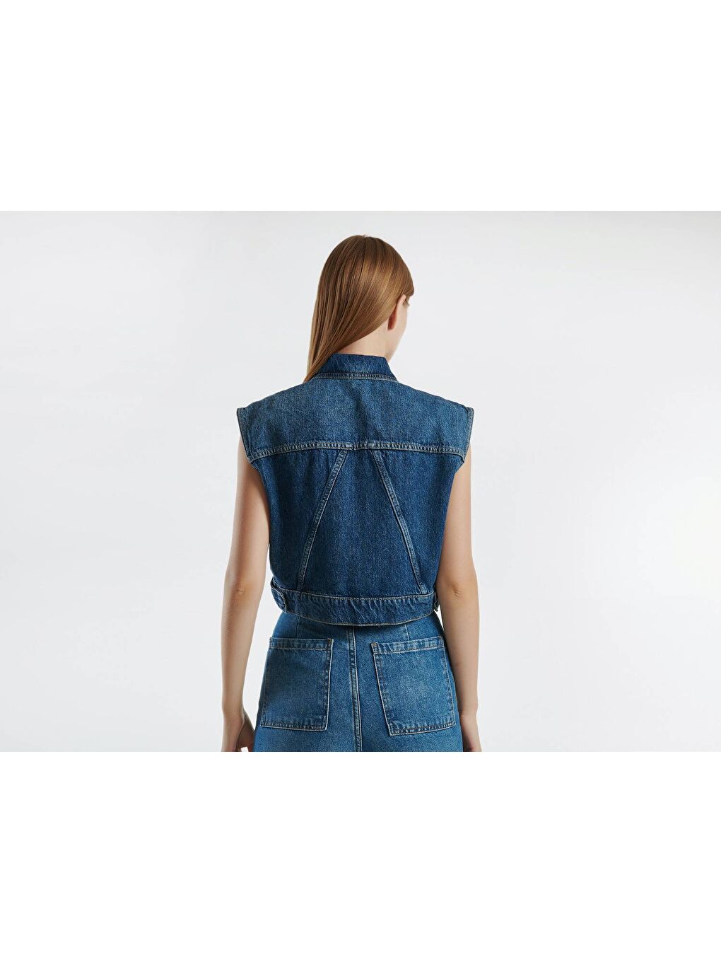 United Colors Of Benetton Kadın Mavi %100 Pamuk Göğüs Cepli Gömlek Yaka Kısa Denim Yelek - 3