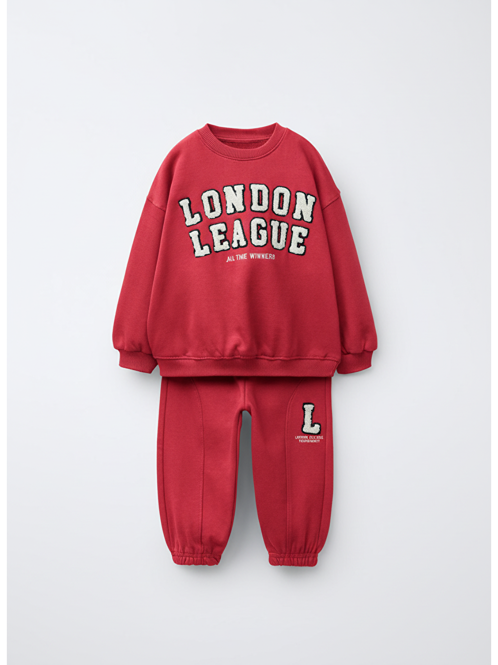Erkek Çocuk Pamuklu Kırmızı London League Sweatshirt Ve Eşofman Alt Takım - Nakış Detaylı