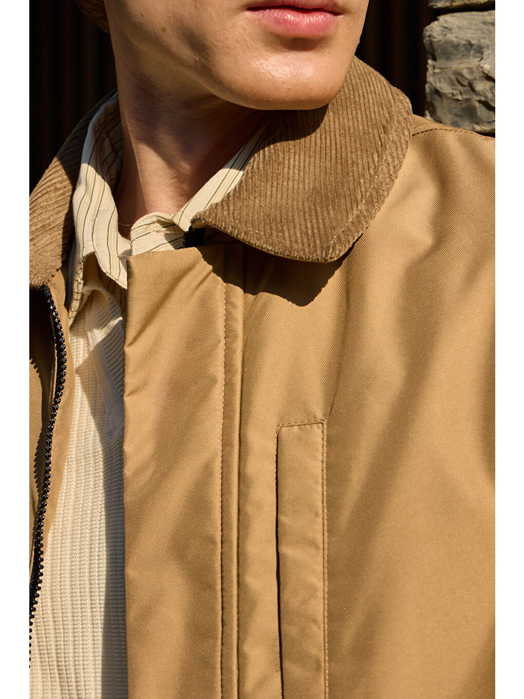 Erkek Kontrast Yakalı Mont Ceket Bej-1