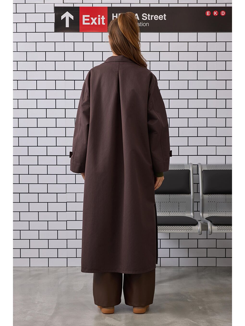 Kahverengi Funnel Neck Uzun Trençkot Acı Kahve-3