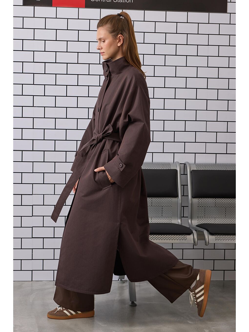 Kahverengi Funnel Neck Uzun Trençkot Acı Kahve-4