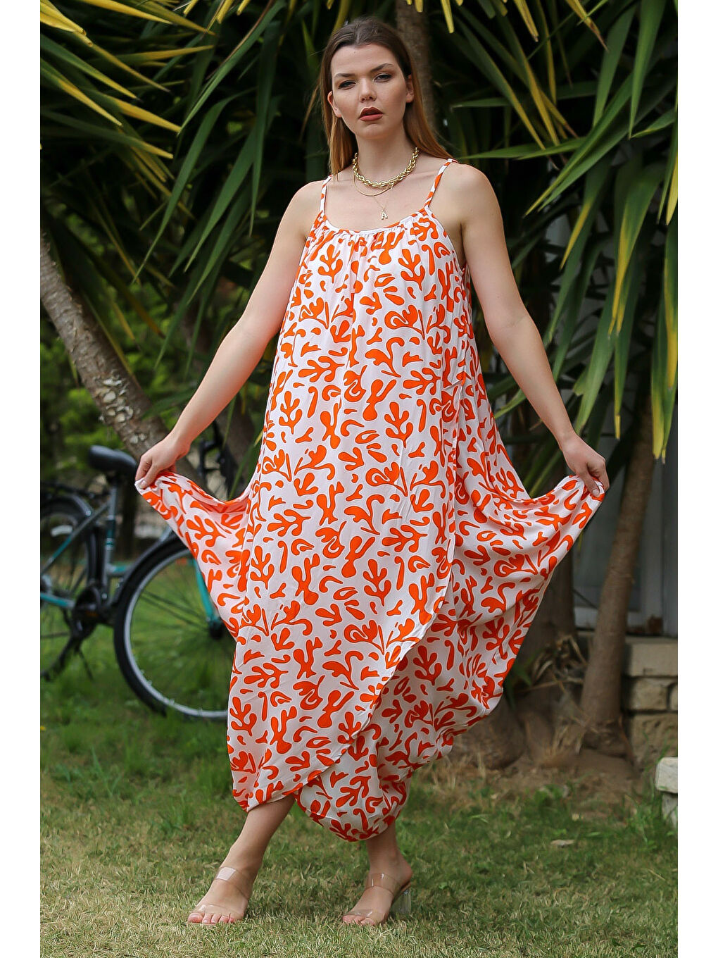 Turuncu Kayısı Rengi Askılı Büzgülü Allover Baskılı Dokuma Casual Elbise-1