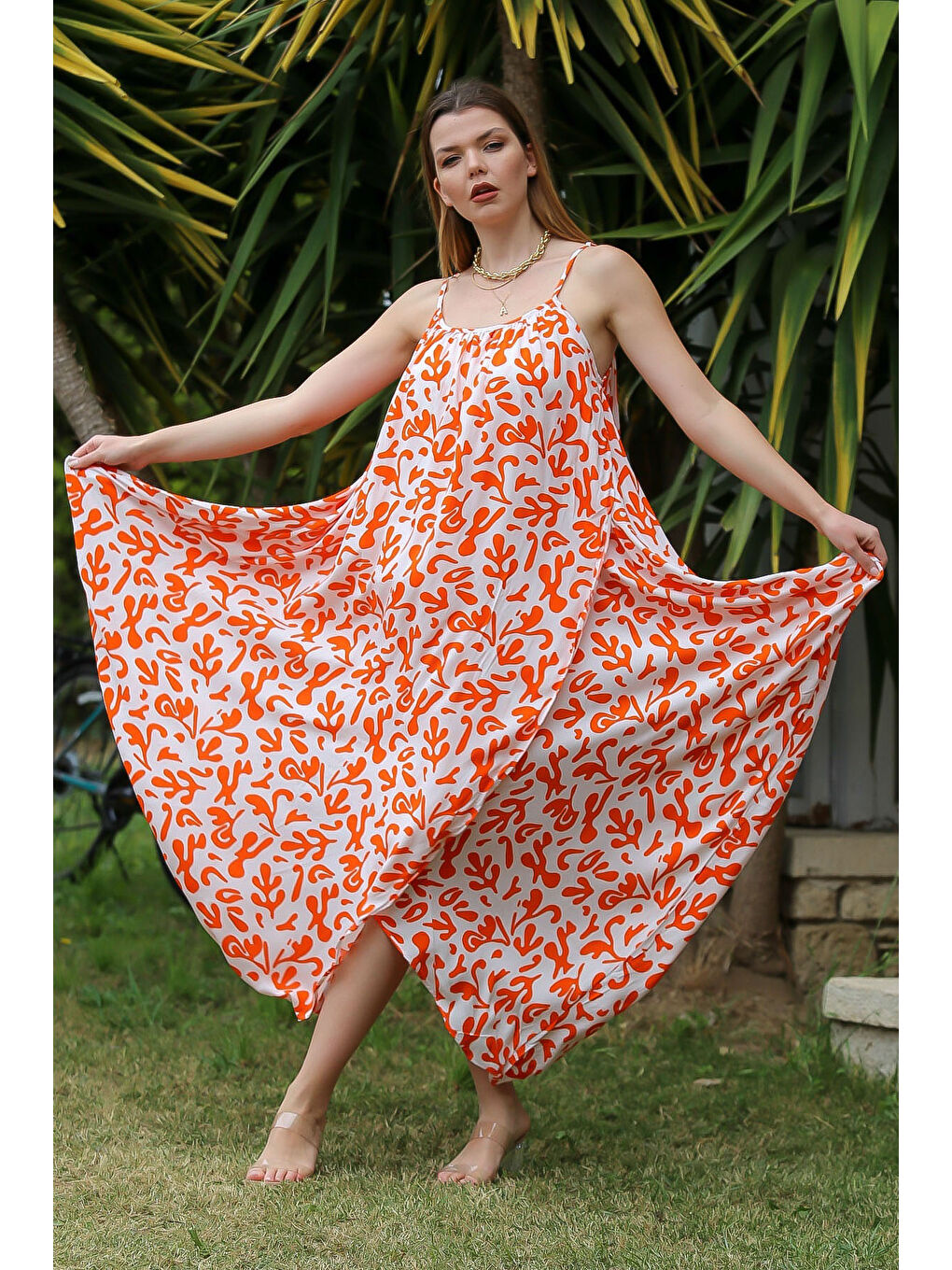 Turuncu Kayısı Rengi Askılı Büzgülü Allover Baskılı Dokuma Casual Elbise-2