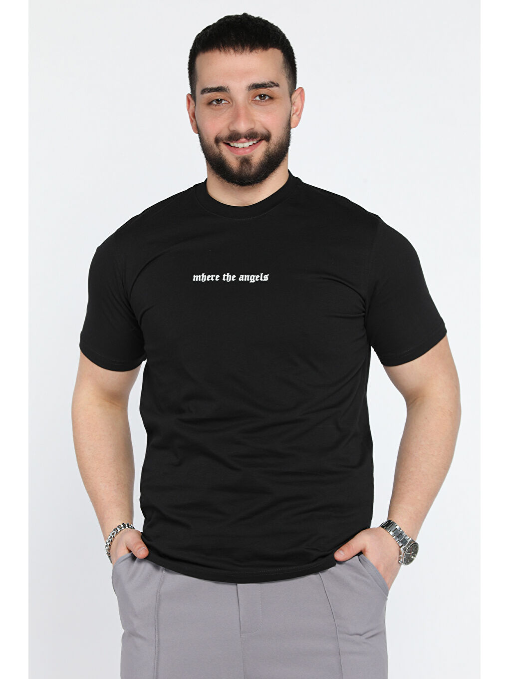 Siyah Erkek Bisiklet Yaka Silikon Kabartma Baskılı Tişört-1