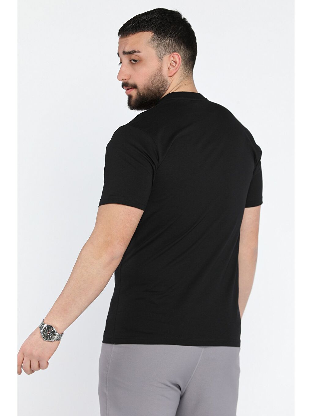 Siyah Erkek Bisiklet Yaka Silikon Kabartma Baskılı Tişört-2