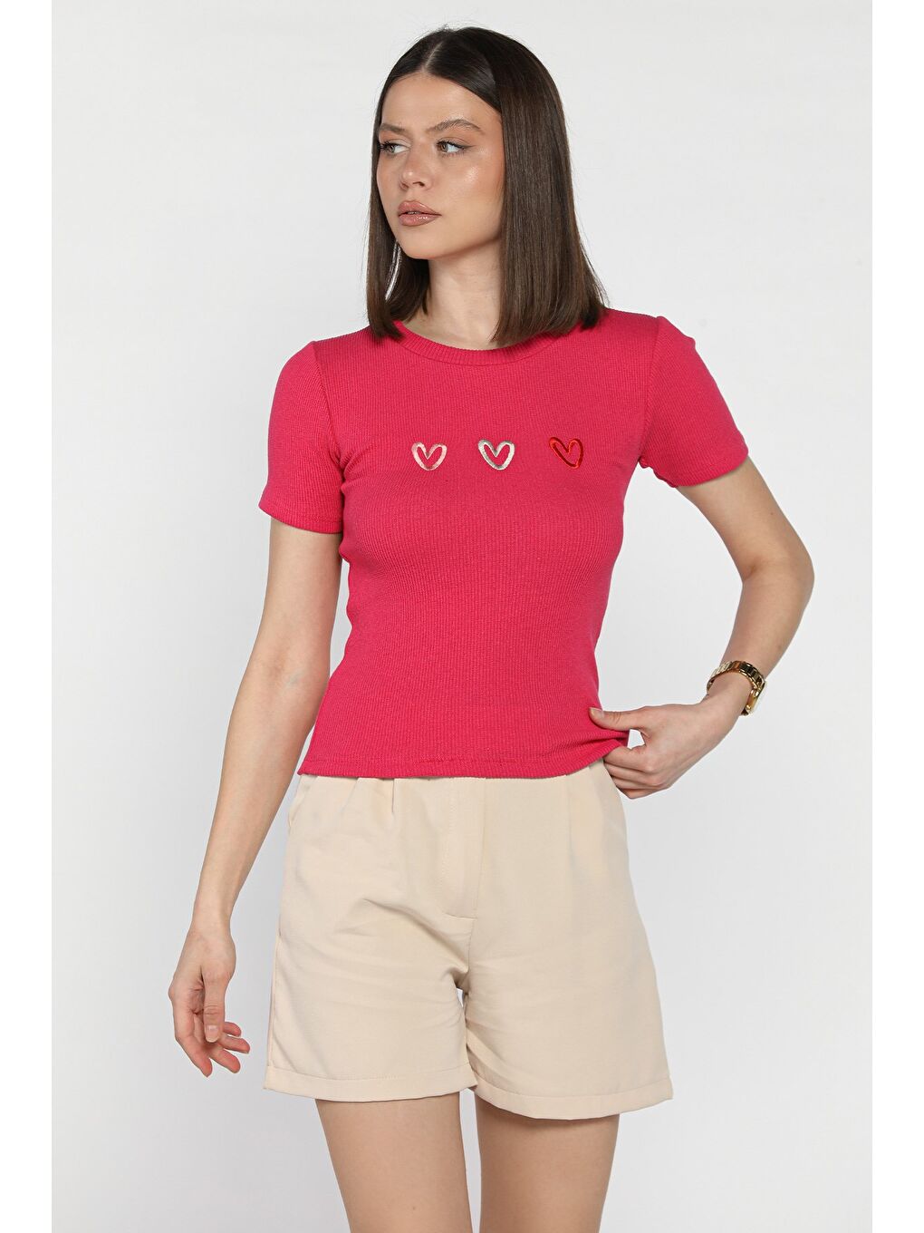 Fuşya Kalp Nakışlı Kaşkorse Bluz (s-m-l Uyumludur)-1