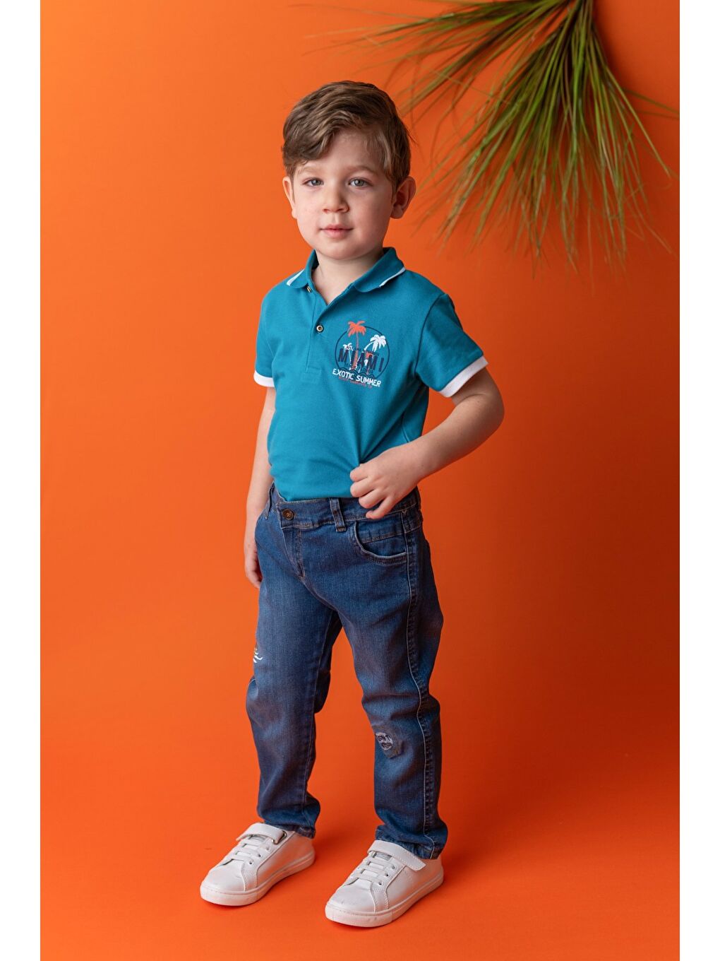 Erkek Bebek Mavi Palmiye Nakışlı Jean Pantolon (9Ay-4Yaş)