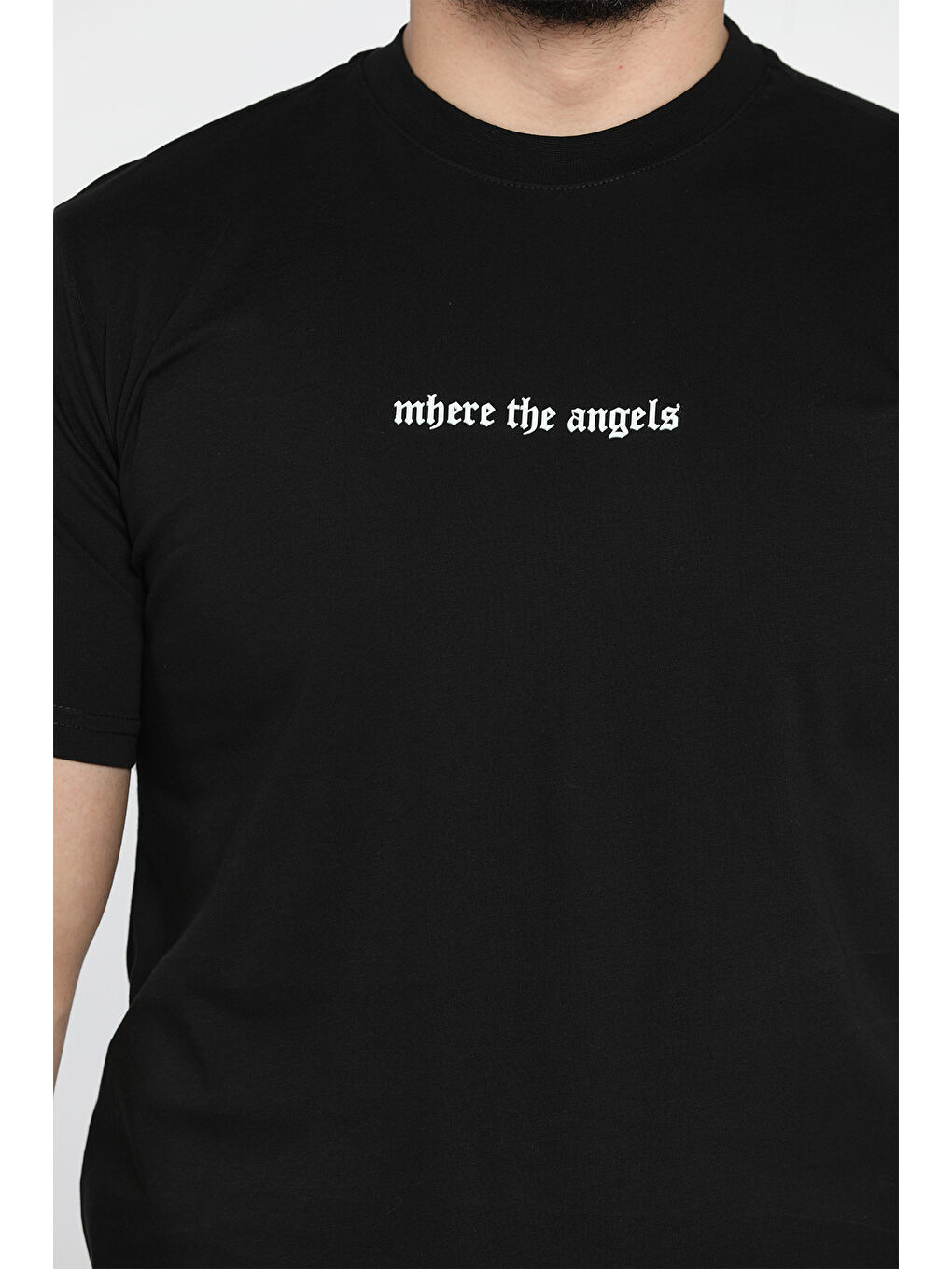 Siyah Erkek Bisiklet Yaka Silikon Kabartma Baskılı Tişört-3