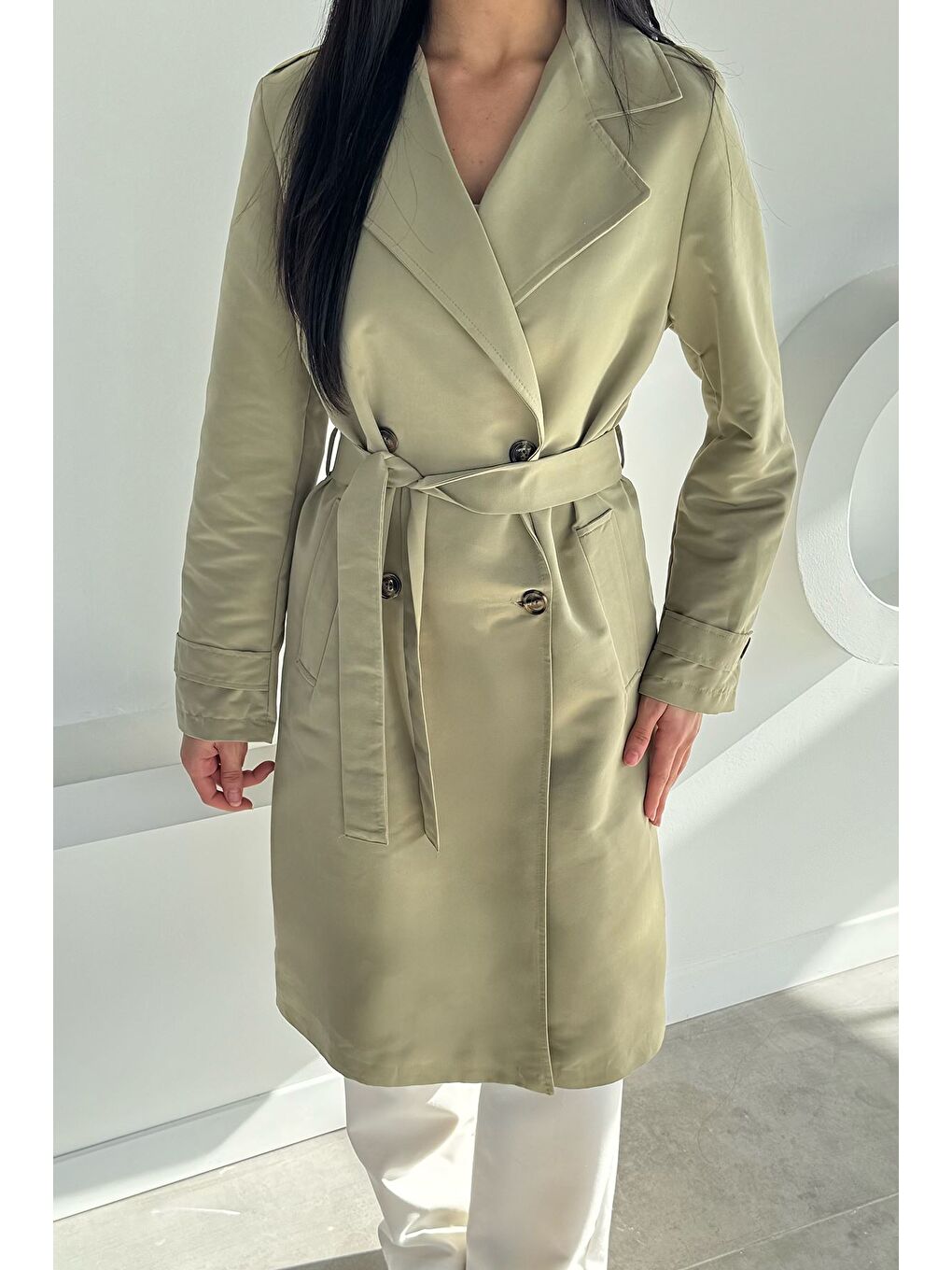 Haki Kadın Kruvaze Yaka İç Astarlı Bel Kuşak Detaylı Trençkot-1