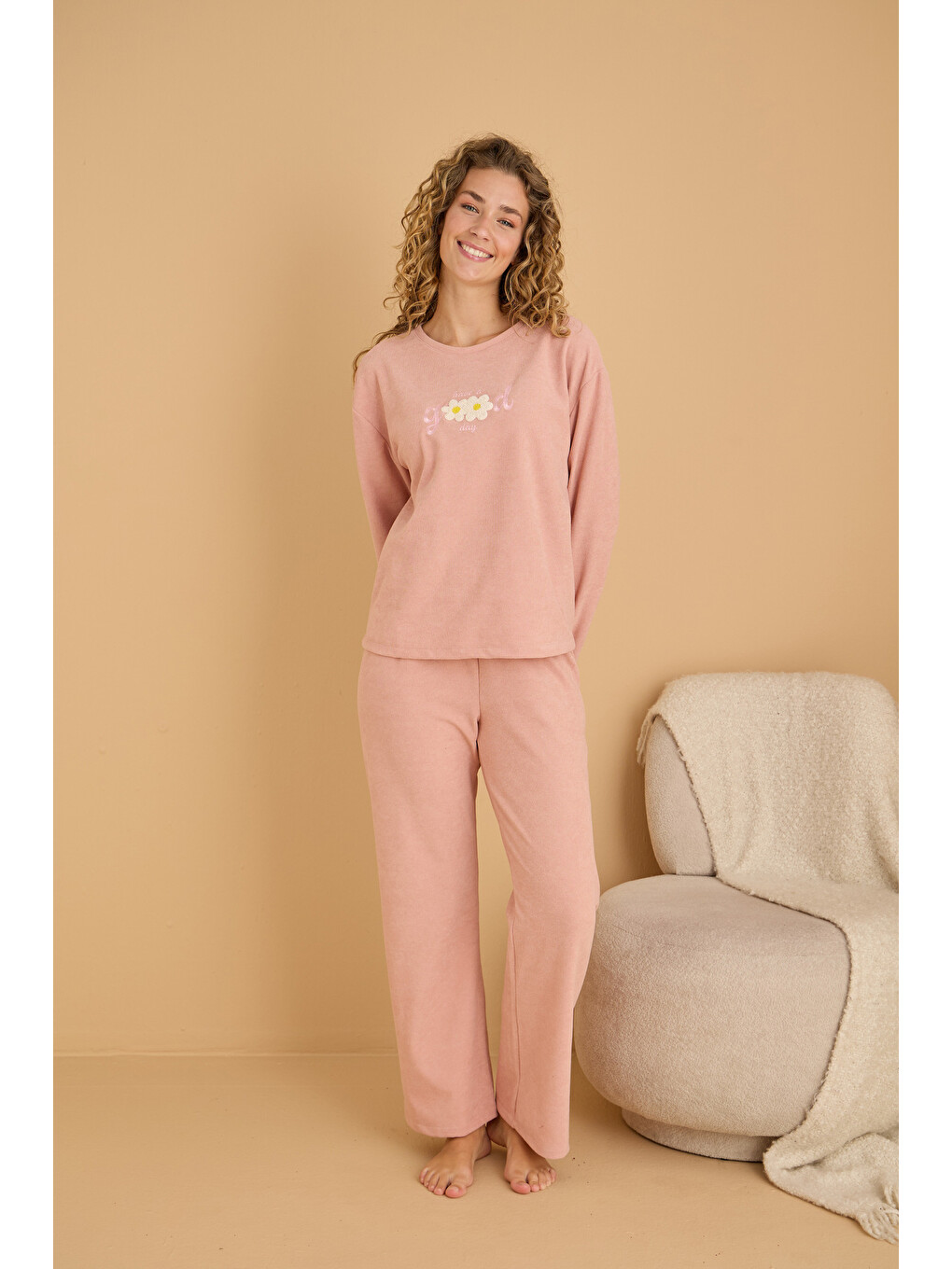 Pembe Somon Nakışlı Havlu Kumaş Örme Pijama Takım25226008-1