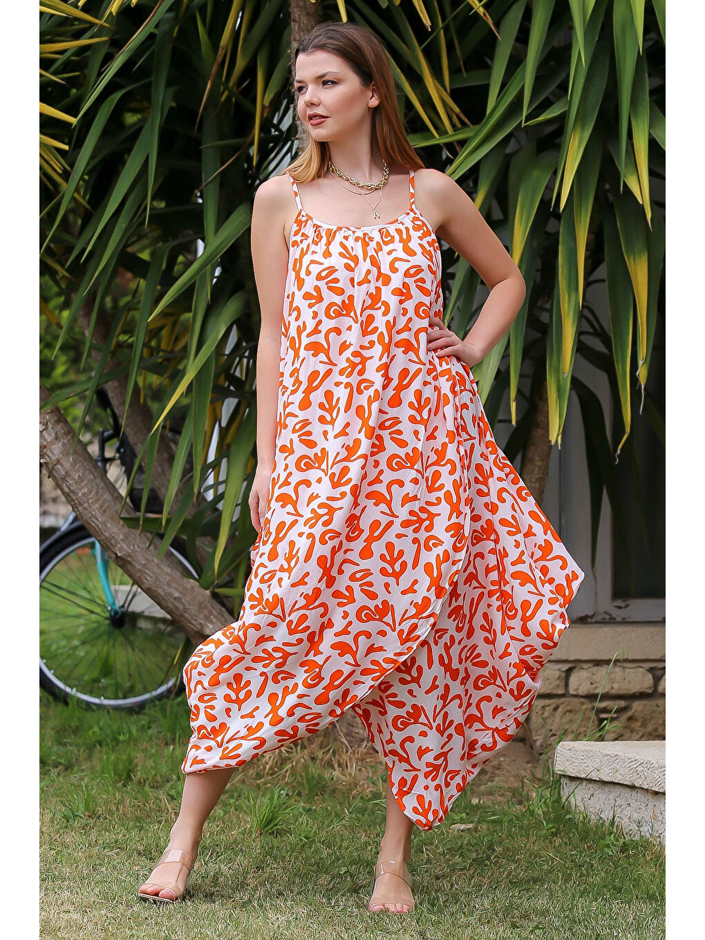Turuncu Kayısı Rengi Askılı Büzgülü Allover Baskılı Dokuma Casual Elbise-5
