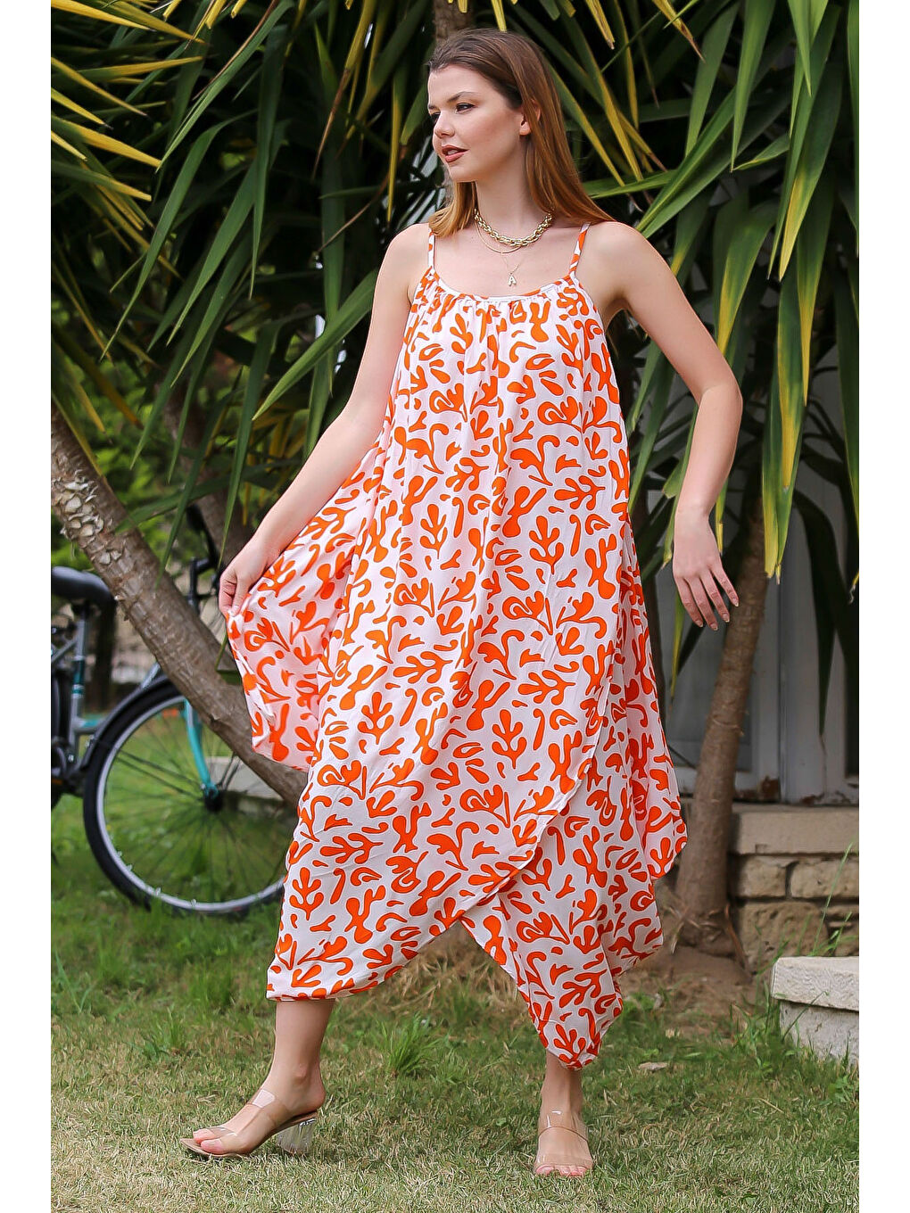 Turuncu Kayısı Rengi Askılı Büzgülü Allover Baskılı Dokuma Casual Elbise-6