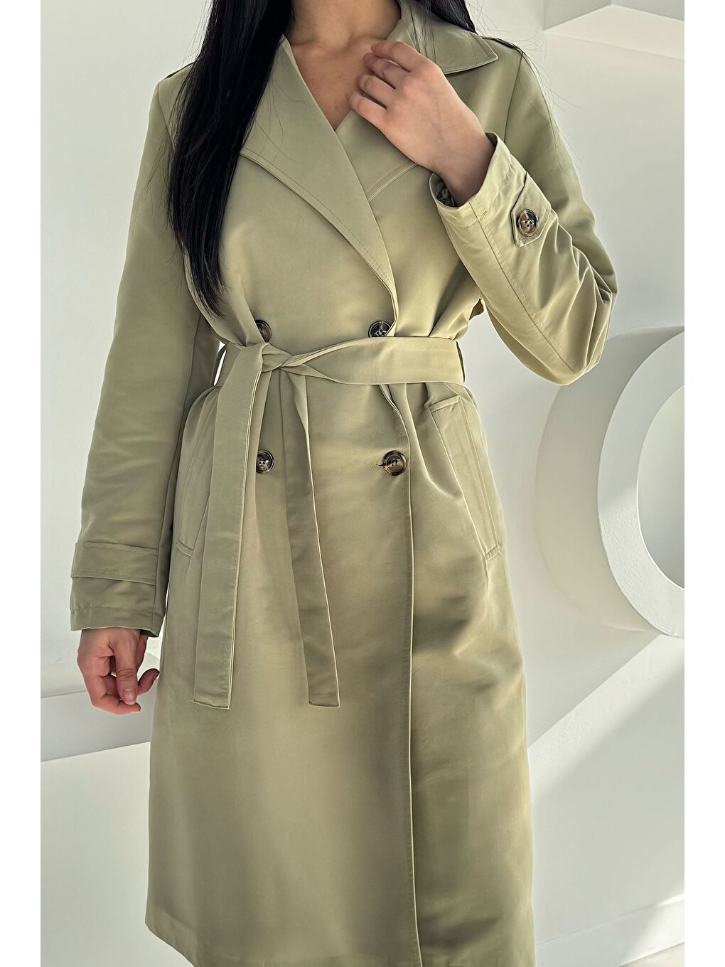 Haki Kadın Kruvaze Yaka İç Astarlı Bel Kuşak Detaylı Trençkot-2
