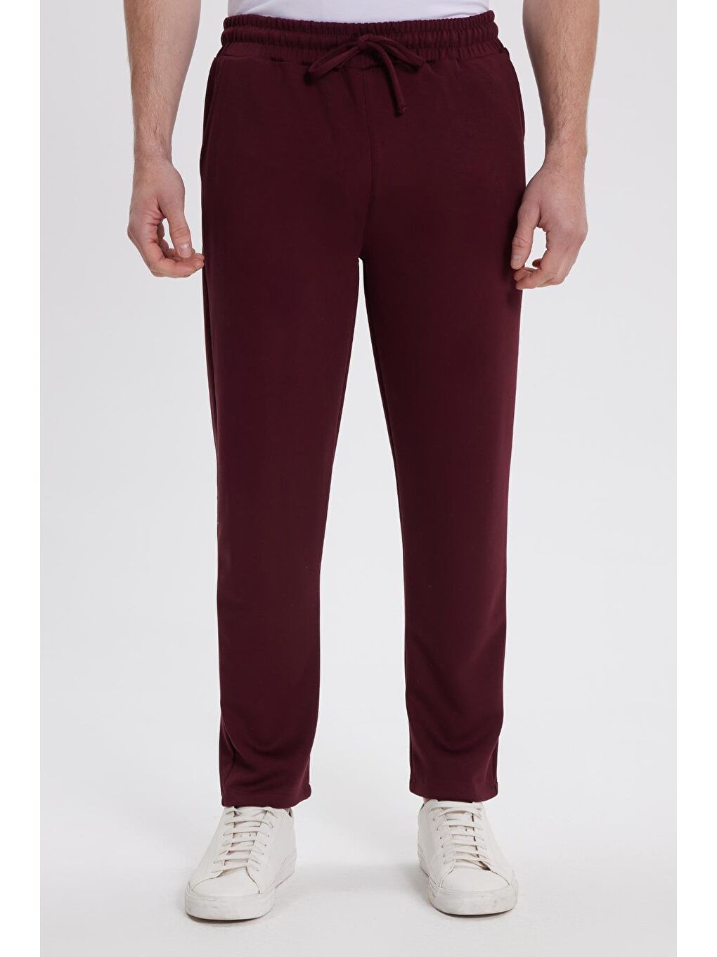 Erkek Slim Fit Dar Kesim Beli Bağcıklı 3 Cepli Geniş Paça Bordo Eşofman Altı