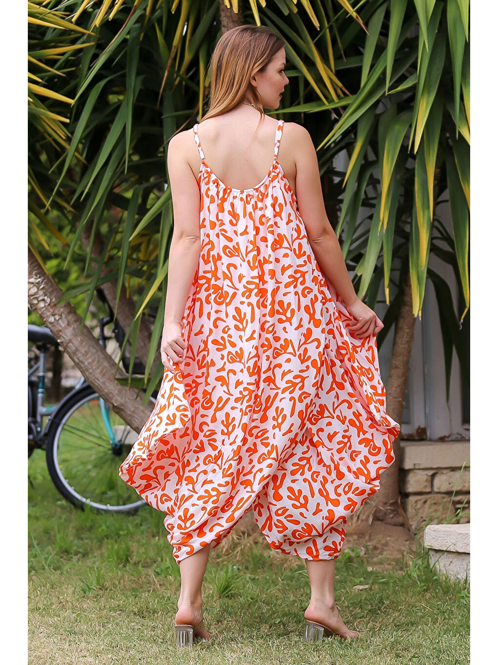 Turuncu Kayısı Rengi Askılı Büzgülü Allover Baskılı Dokuma Casual Elbise-7