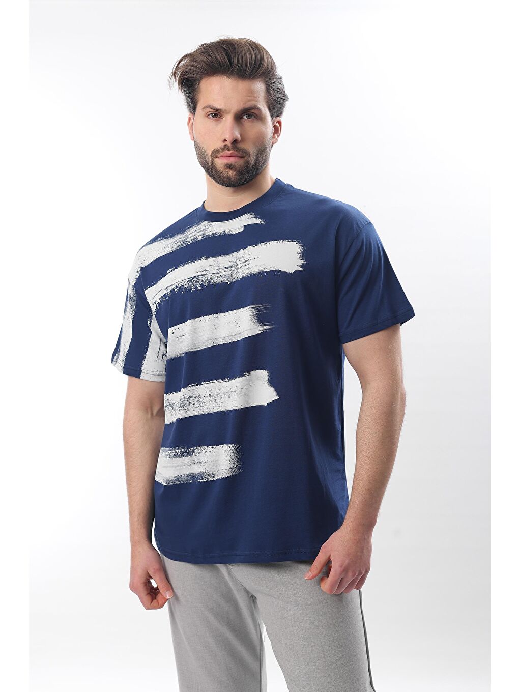 Lacivert Baskılı Regular Fit Erkek %100 Pamuk Tişört E7107-1