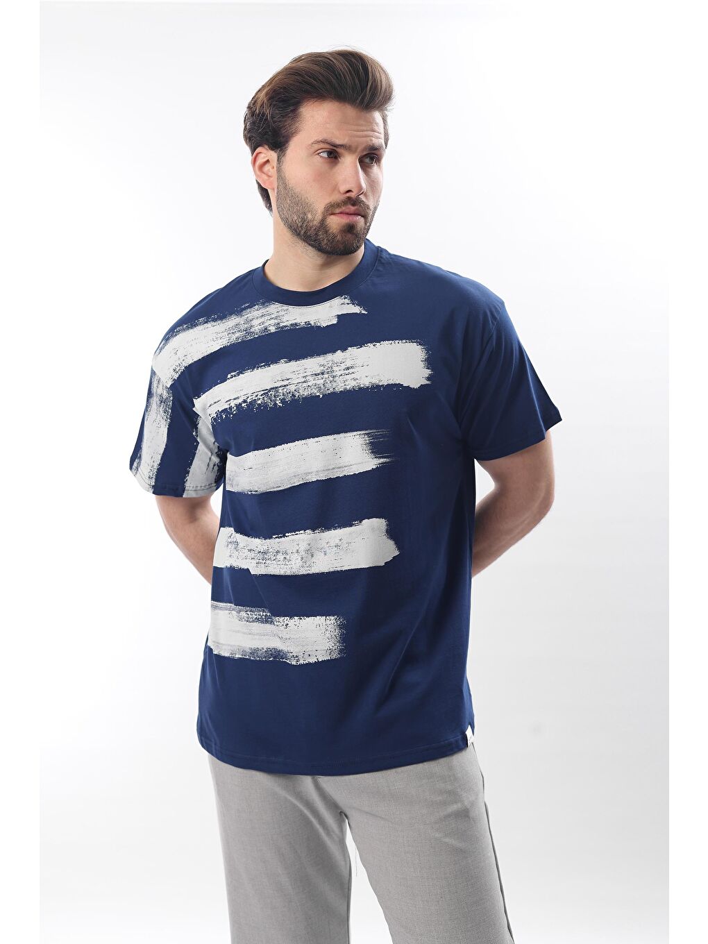 Lacivert Baskılı Regular Fit Erkek %100 Pamuk Tişört E7107-2