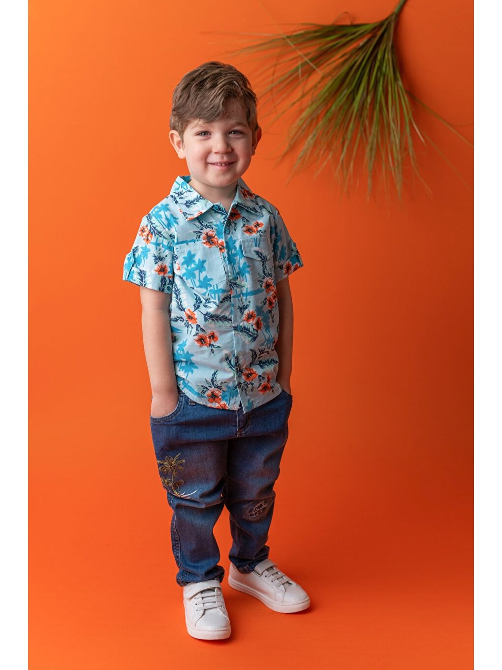 Erkek Bebek Mavi Palmiye Nakışlı Jean Pantolon (9Ay-4Yaş)-2