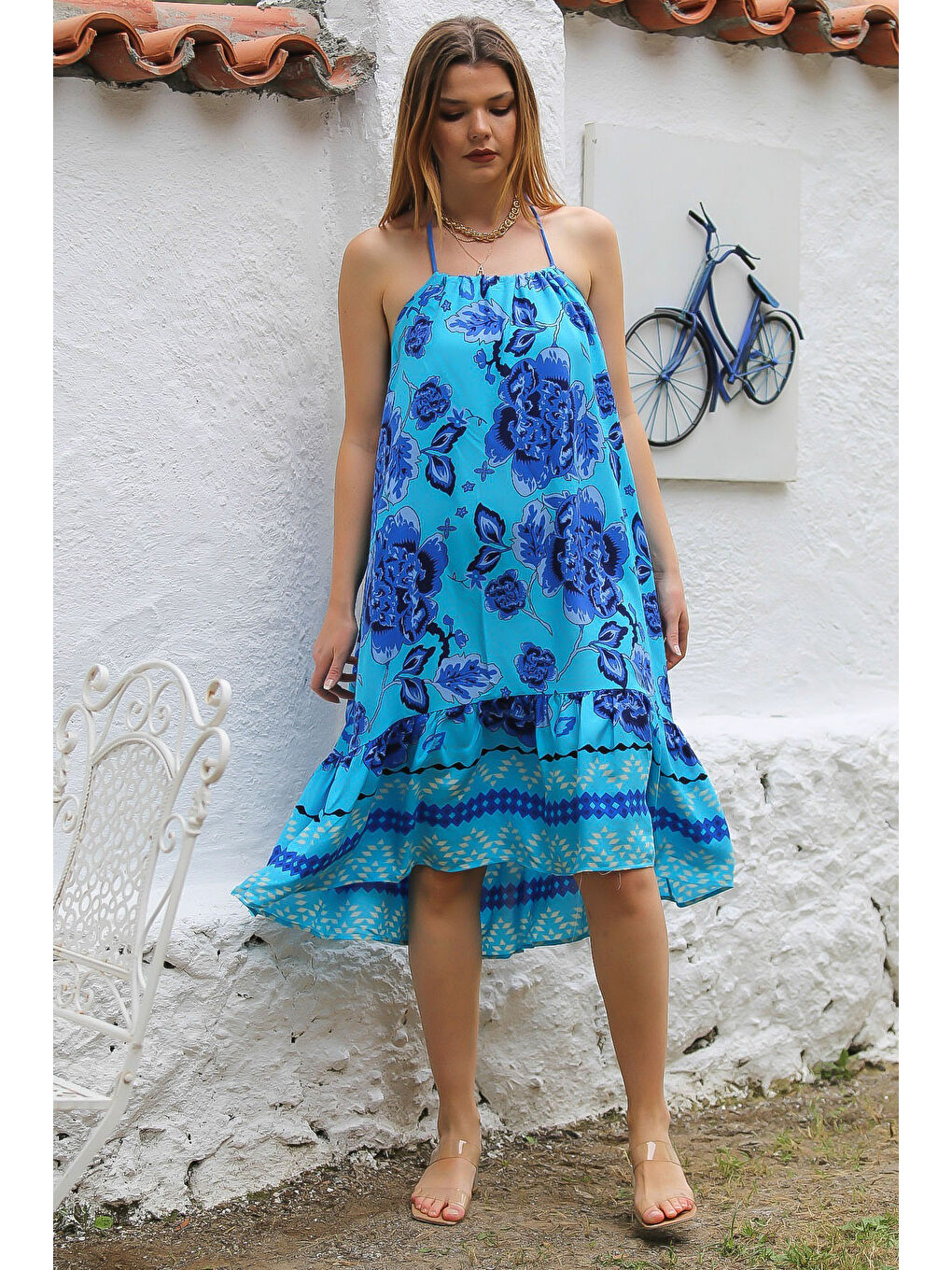 Mavi Boyundan Bağlamalı Etek Ucu Fırfırlı Allover Baskılı Dokuma Casual Elbise-1