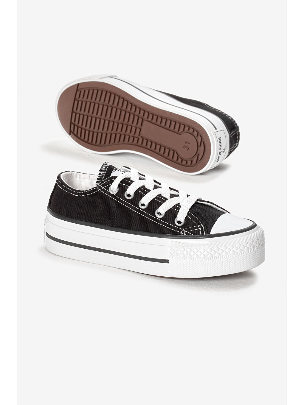 Çocuk Unisex Siyah Termo Kalın Taban Bağcıklı Keten Spor Ayakkabı-3