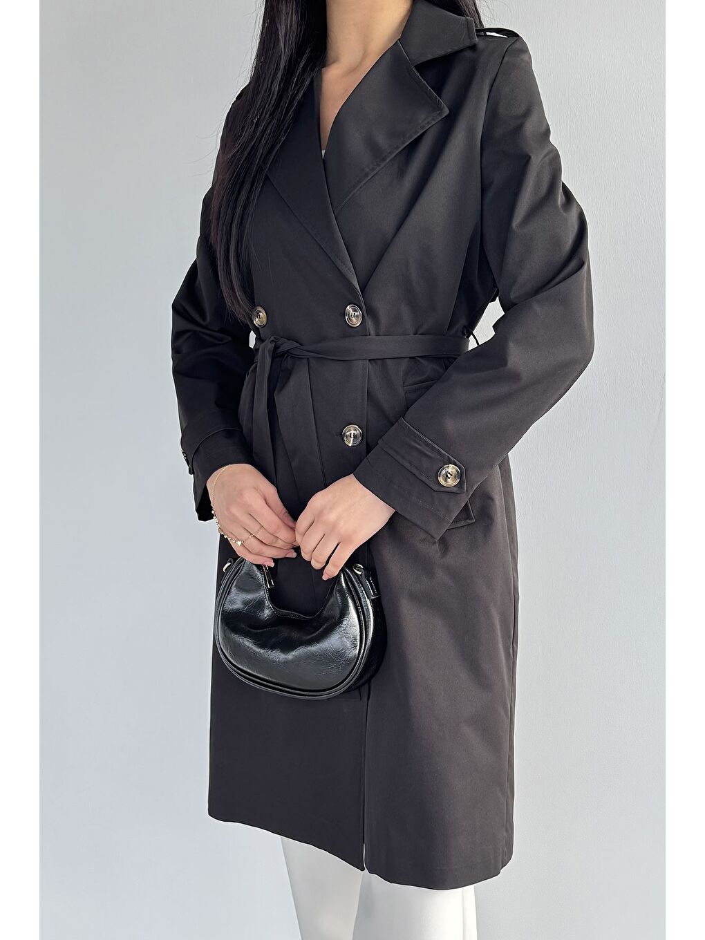 Siyah Kadın Kruvaze Yaka İç Astarlı Bel Kuşak Detaylı Trençkot-2