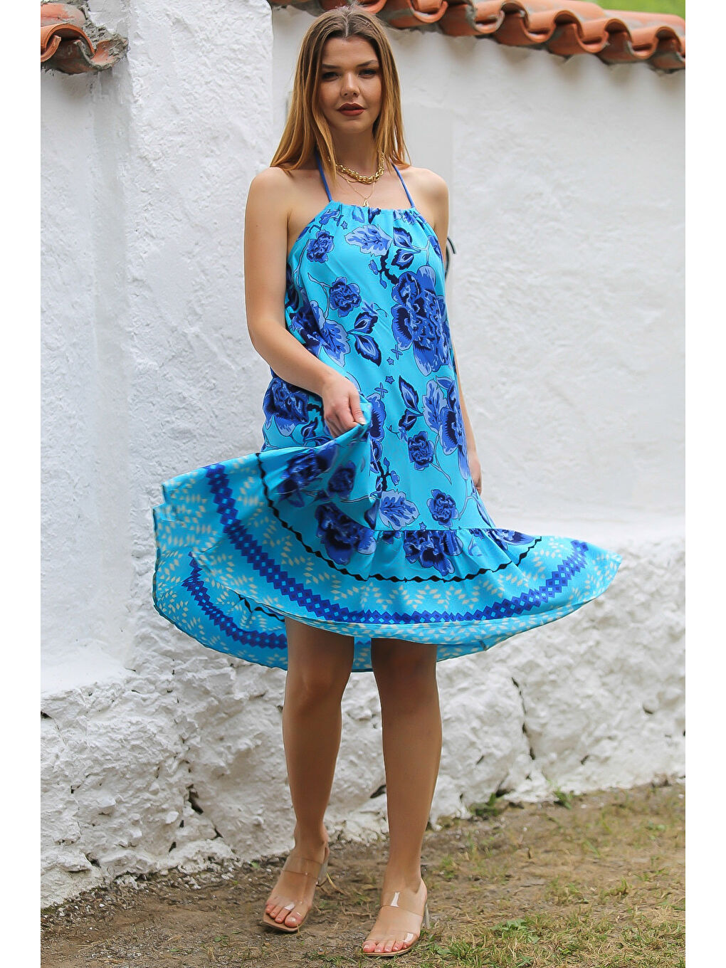 Mavi Boyundan Bağlamalı Etek Ucu Fırfırlı Allover Baskılı Dokuma Casual Elbise-2