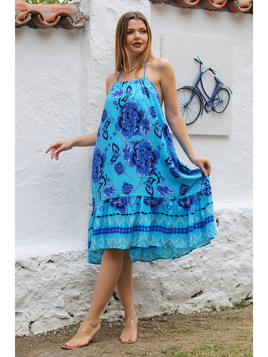 Mavi Boyundan Bağlamalı Etek Ucu Fırfırlı Allover Baskılı Dokuma Casual Elbise-4