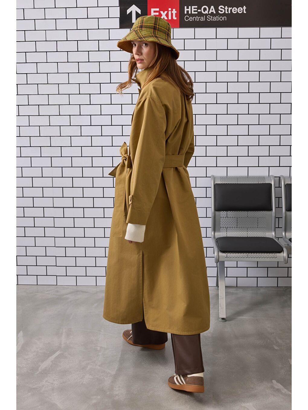 Yeşil Funnel Neck Uzun Trençkot Zeytin-2