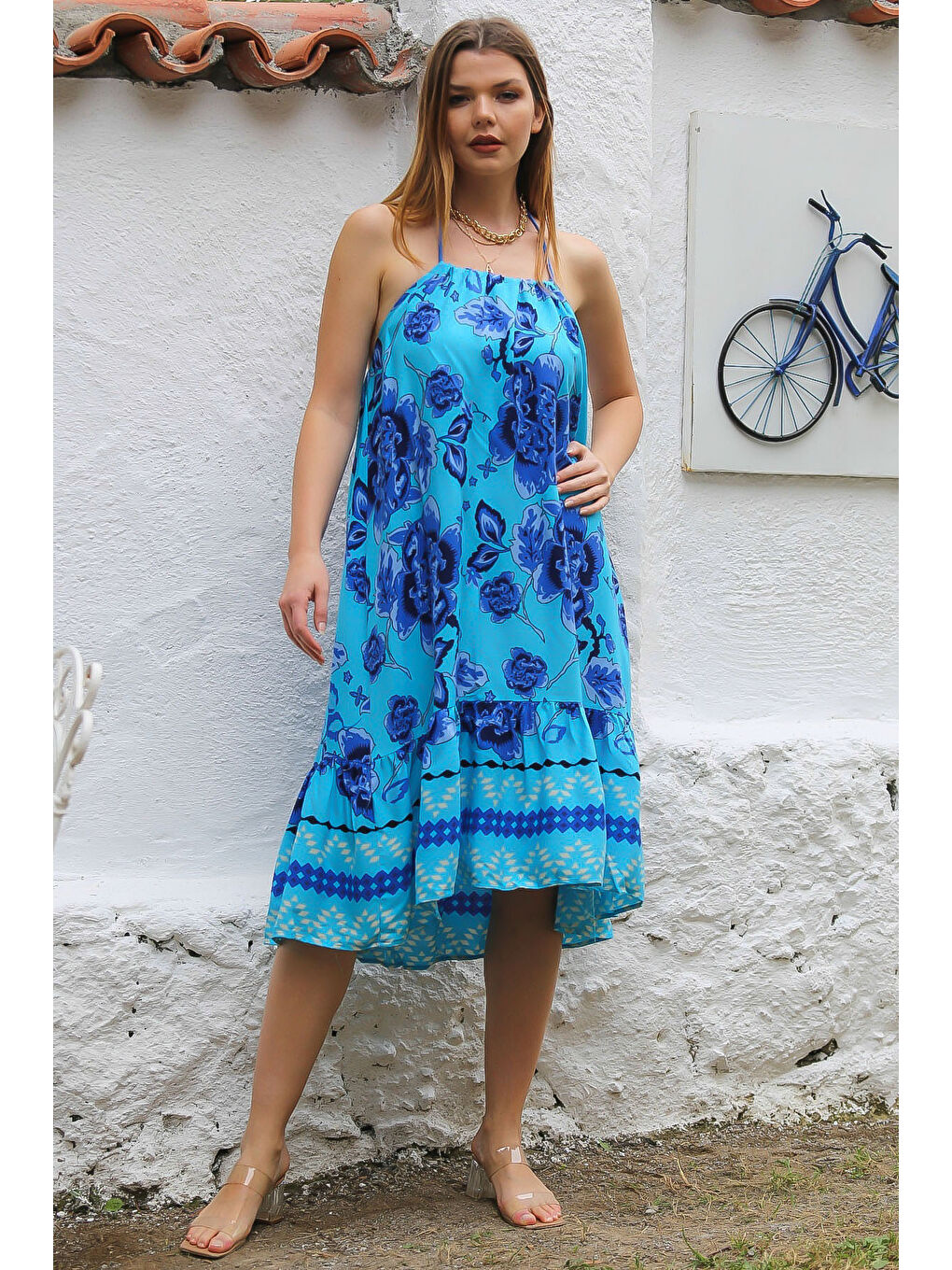 Mavi Boyundan Bağlamalı Etek Ucu Fırfırlı Allover Baskılı Dokuma Casual Elbise-5