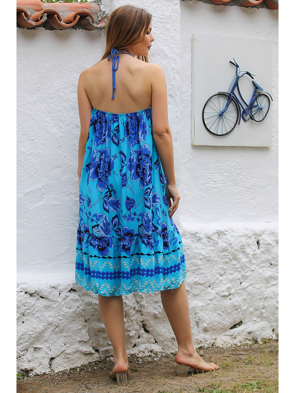 Mavi Boyundan Bağlamalı Etek Ucu Fırfırlı Allover Baskılı Dokuma Casual Elbise-6