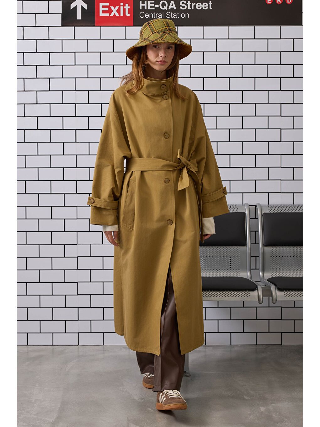 Yeşil Funnel Neck Uzun Trençkot Zeytin-3