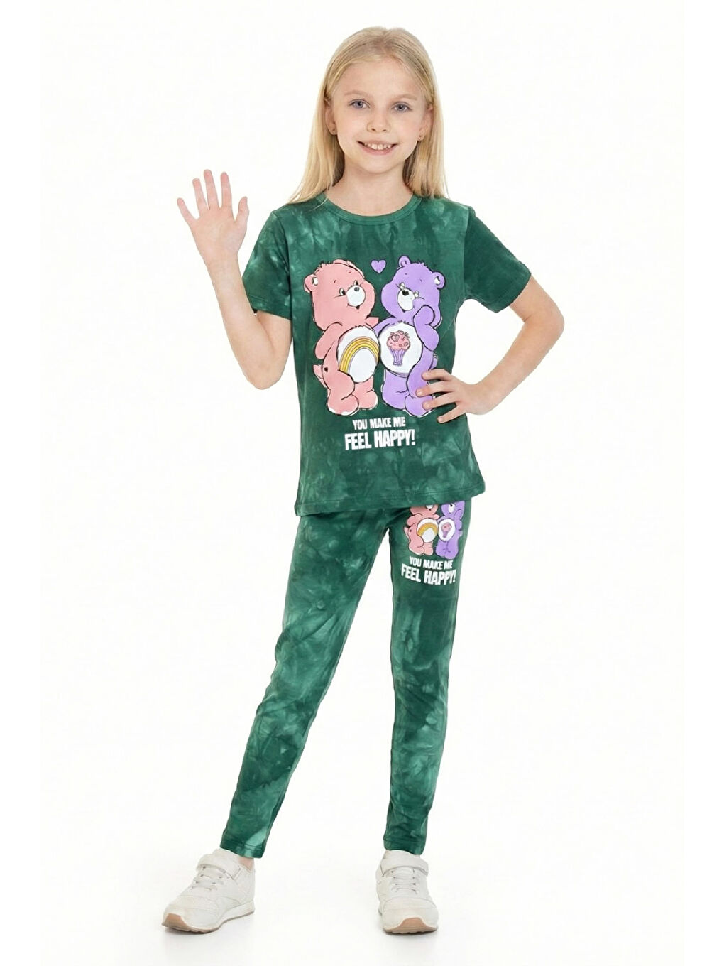 Yeşil Kız Çocuk Ayıcık Baskılı Batik Desenli Alt-Üst Takım 3-10 Yaş 12546