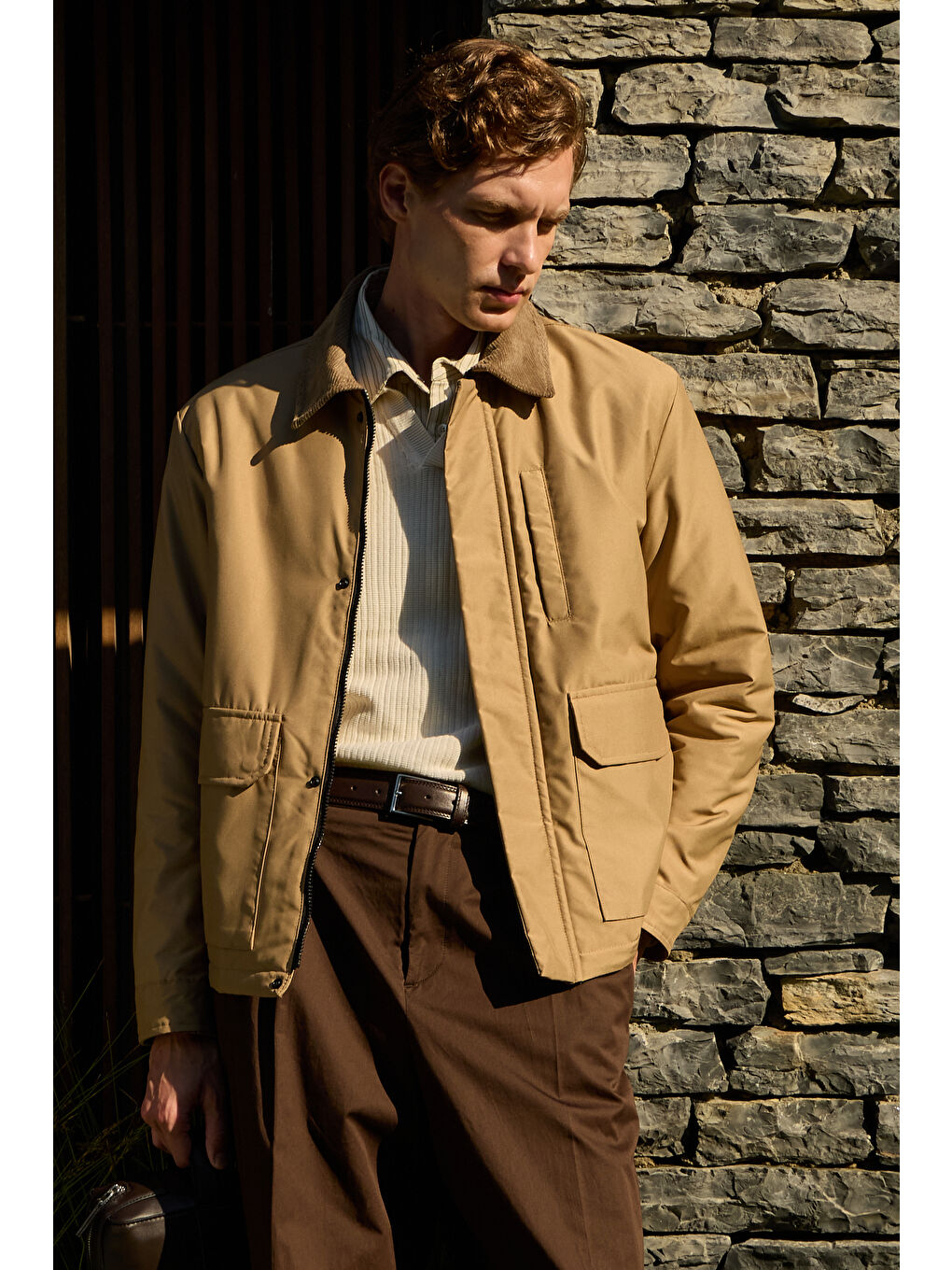 Erkek Kontrast Yakalı Mont Ceket Bej-2