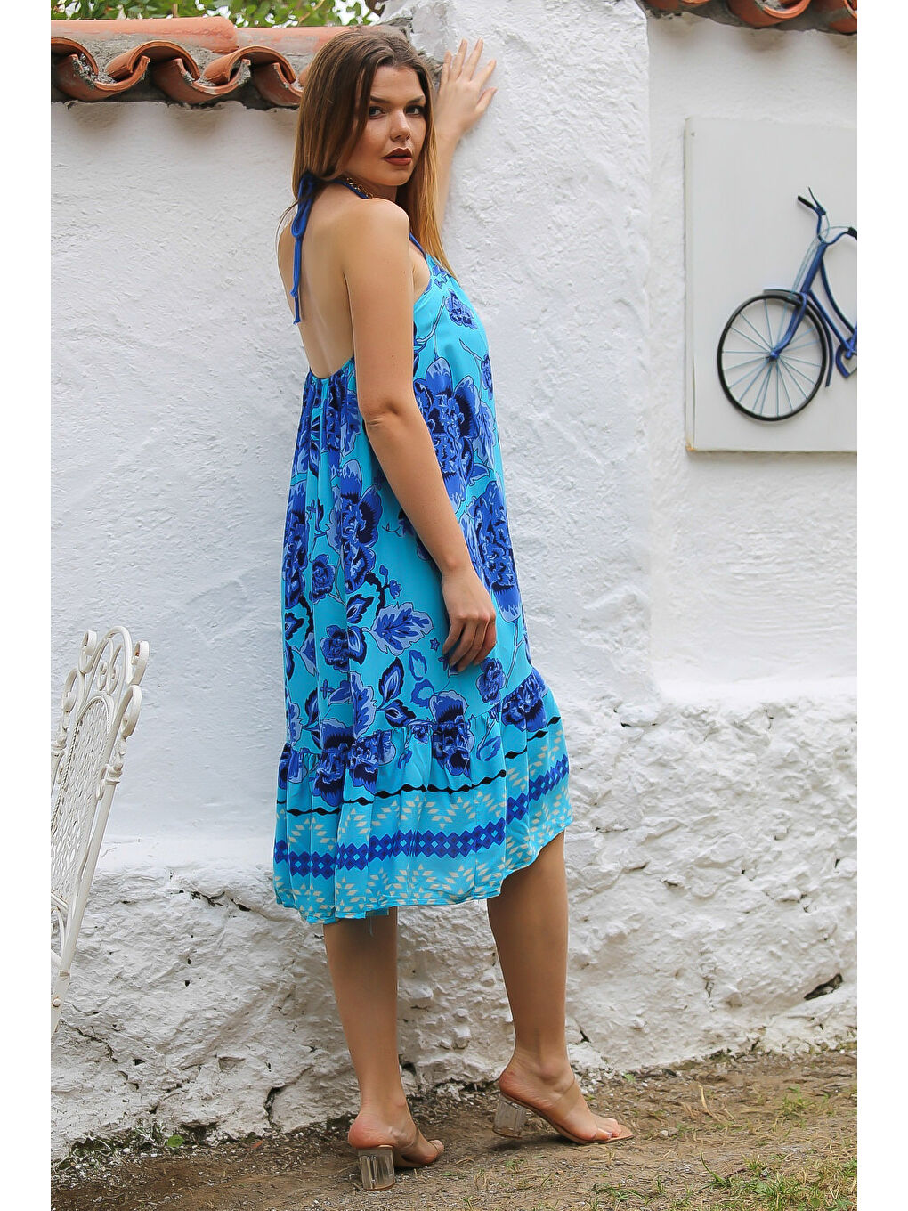 Mavi Boyundan Bağlamalı Etek Ucu Fırfırlı Allover Baskılı Dokuma Casual Elbise-7