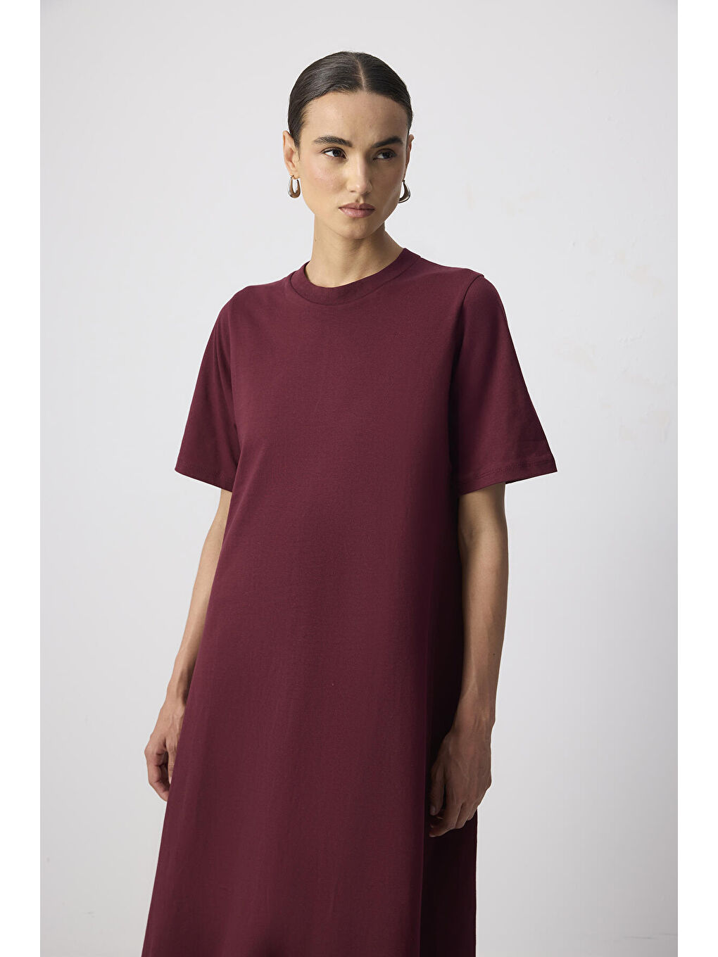 Bordo %100 Pamuklu Kısa Kollu Örme Elbise-1