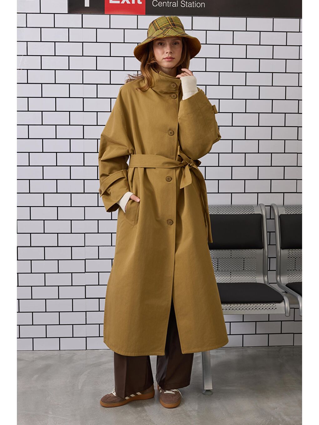 Yeşil Funnel Neck Uzun Trençkot Zeytin-4