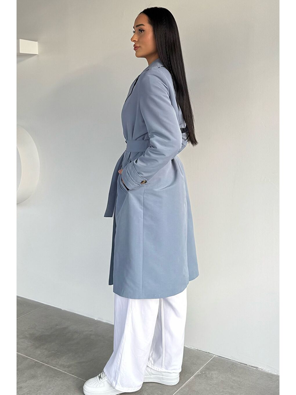 İndigo Kadın Kruvaze Yaka İç Astarlı Bel Kuşak Detaylı Trençkot-3