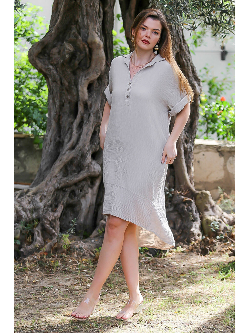 Bej Organik Pamuk Vizon Gömlek Yaka Düğmeli 3/4 Kol Düğmeli Cepli Dokuma Casual Müslin Elbise-2