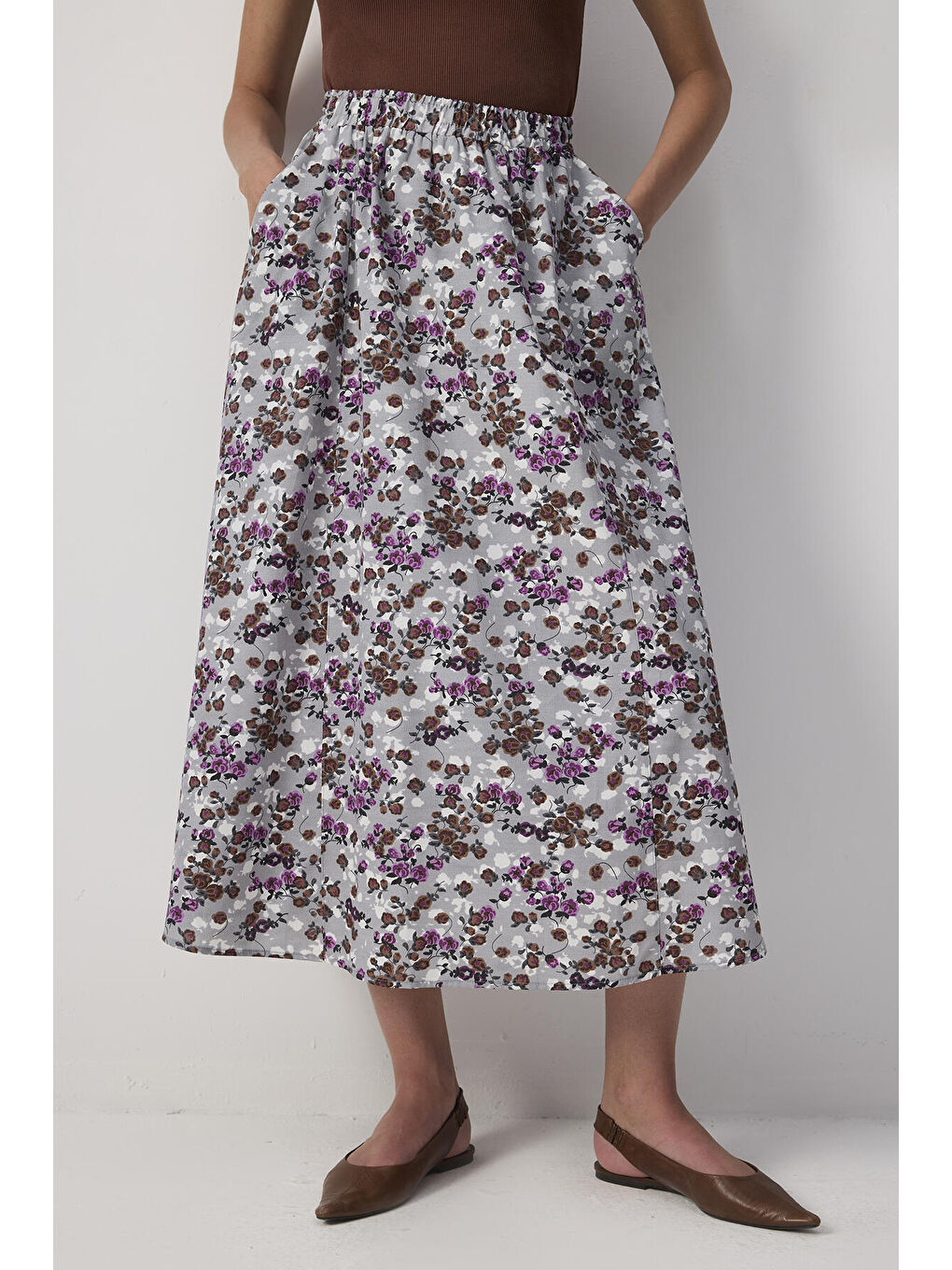 Gri Çiçek Desenli Etek-1