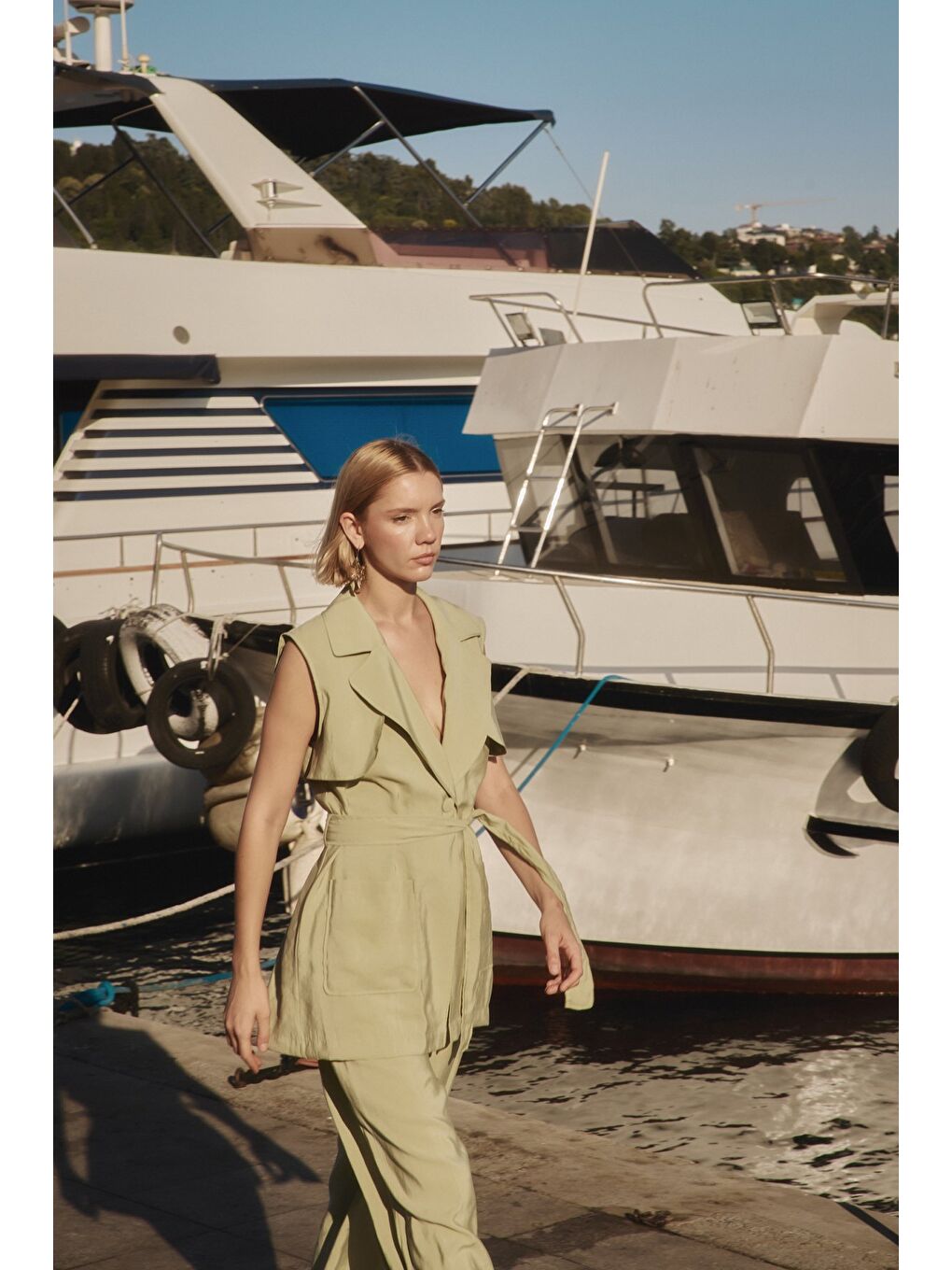 Kuşaklı Uzun Yelek - Yağ Yeşili-2