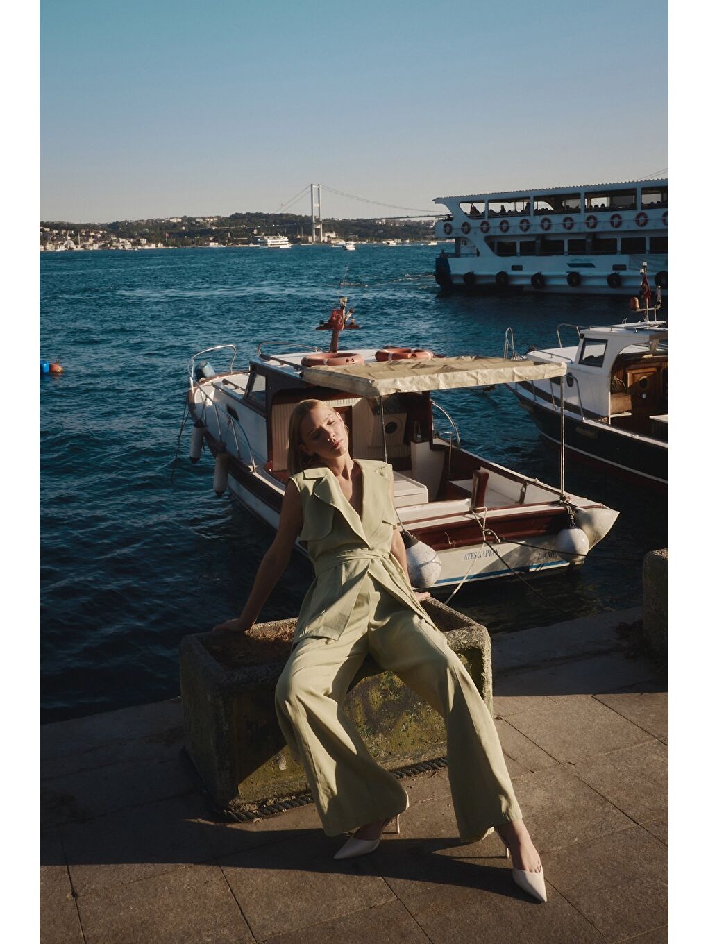 Kuşaklı Uzun Yelek - Yağ Yeşili-3