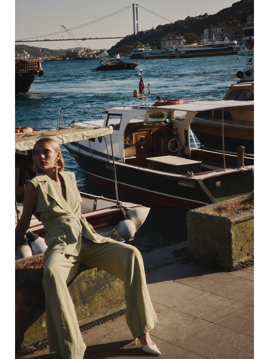 Kuşaklı Uzun Yelek - Yağ Yeşili-4